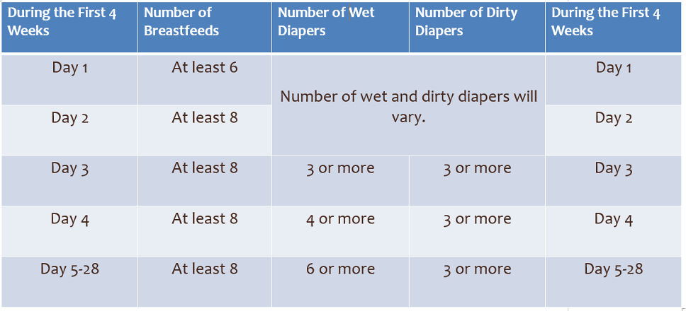  Normal expectations for infant’s number of breastfeeds and urine and stool diaper counts in the first 4 weeks is as follows: Day 1-At least 6 breastfeeds, number of wet and dirty diapers will vary Day 2- At least 8 breastfeeds, number of wet and dirty diapers will vary Day 3- At least 8 breastfeeds, 3 or more wet diapers, 3 or more dirty diapers Day 4- At least 8 breastfeeds, 4 or more wet diapers, 3 or more dirty diapers Days 5-28-At least 8 breastfeeds, 6 or more wet diapers, 3 or more dirty diapers